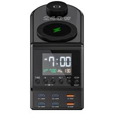 240W GaN Charging Station with 4×140W PD3.1 USB Type-C Wireless Fast Charging for MacBook, iPad, and Samsung Devices with Alarm Clock and Time Display