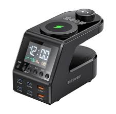 240W GaN Charging Station with 4×140W PD3.1 USB Type-C Wireless Fast Charging for MacBook, iPad, and Samsung Devices with Alarm Clock and Time Display