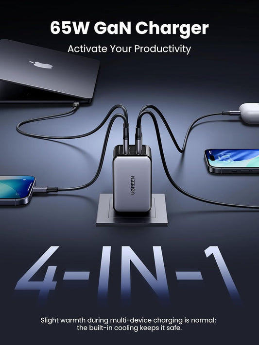 Nexode 65W GaN USB-C Wall Charger - 4-Port Fast Charging Solution Compatible with MacBook Pro/Air, iPhone 15/16/17 Series, Galaxy S24/S25, Pixel 9/10, iPad Pro, and Steam Deck
