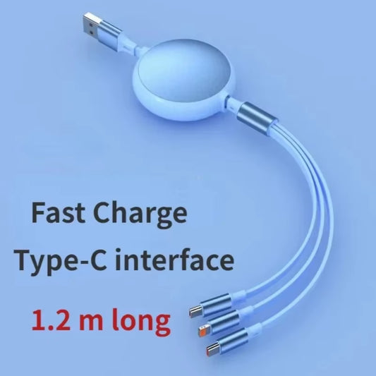 6A 100W 3-in-1 Fast Charging USB Cable for Huawei/Honor - Retractable Portable Micro USB and Type C Charger for iPhone and Samsung