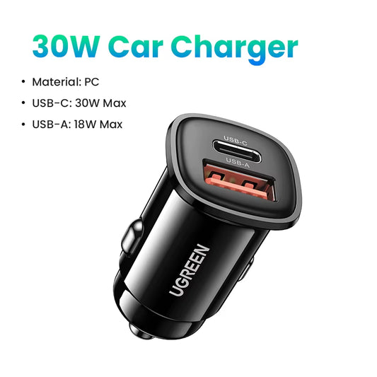 UGREEN 30W USB Car Charger with Quick Charge 4.0 and PD Type C Fast Charging for iPhone 17 and Xiaomi Mobile Phones
