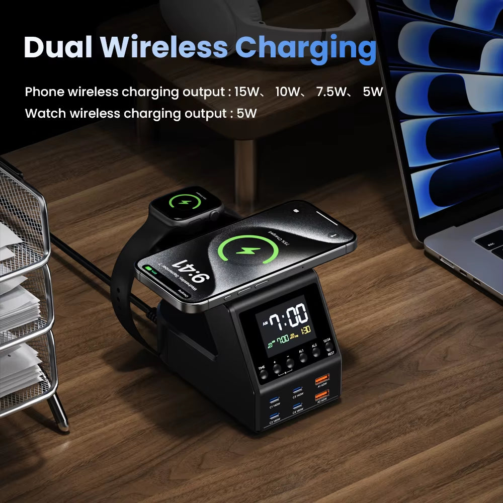 240W GaN Charging Station with 4×140W PD3.1 USB Type-C Wireless Fast Charging for MacBook, iPad, and Samsung Devices with Alarm Clock and Time Display