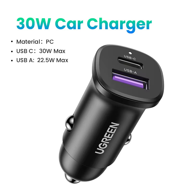 UGREEN 30W USB Car Charger with Quick Charge 4.0 and PD Type C Fast Charging for iPhone 17 and Xiaomi Mobile Phones