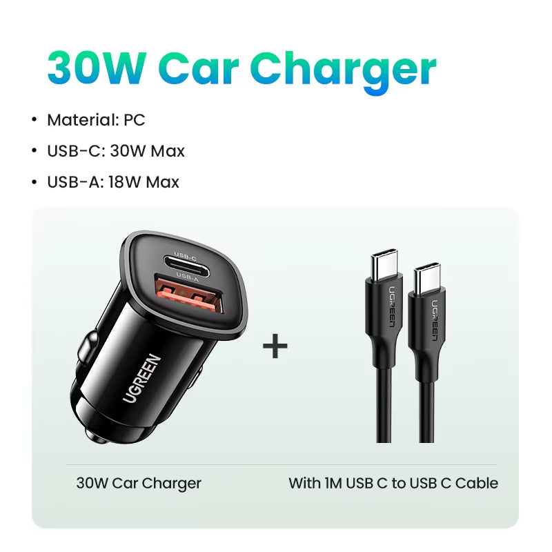UGREEN 30W USB Car Charger with Quick Charge 4.0 and PD Type C Fast Charging for iPhone 17 and Xiaomi Mobile Phones