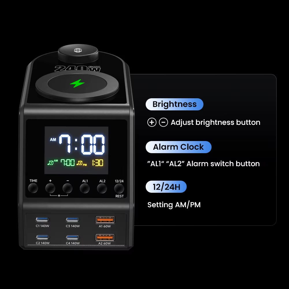 240W GaN Charging Station with 4×140W PD3.1 USB Type-C Wireless Fast Charging for MacBook, iPad, and Samsung Devices with Alarm Clock and Time Display