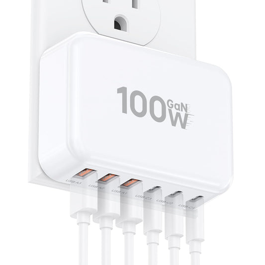 Power Up Your Devices with the 6-Port USB-C Charging Station Hub - 100W GaN Multiport Wall Charger for Fast and Efficient Charging