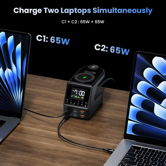 240W GaN Charging Station with 4×140W PD3.1 USB Type-C Wireless Fast Charging for MacBook, iPad, and Samsung Devices with Alarm Clock and Time Display