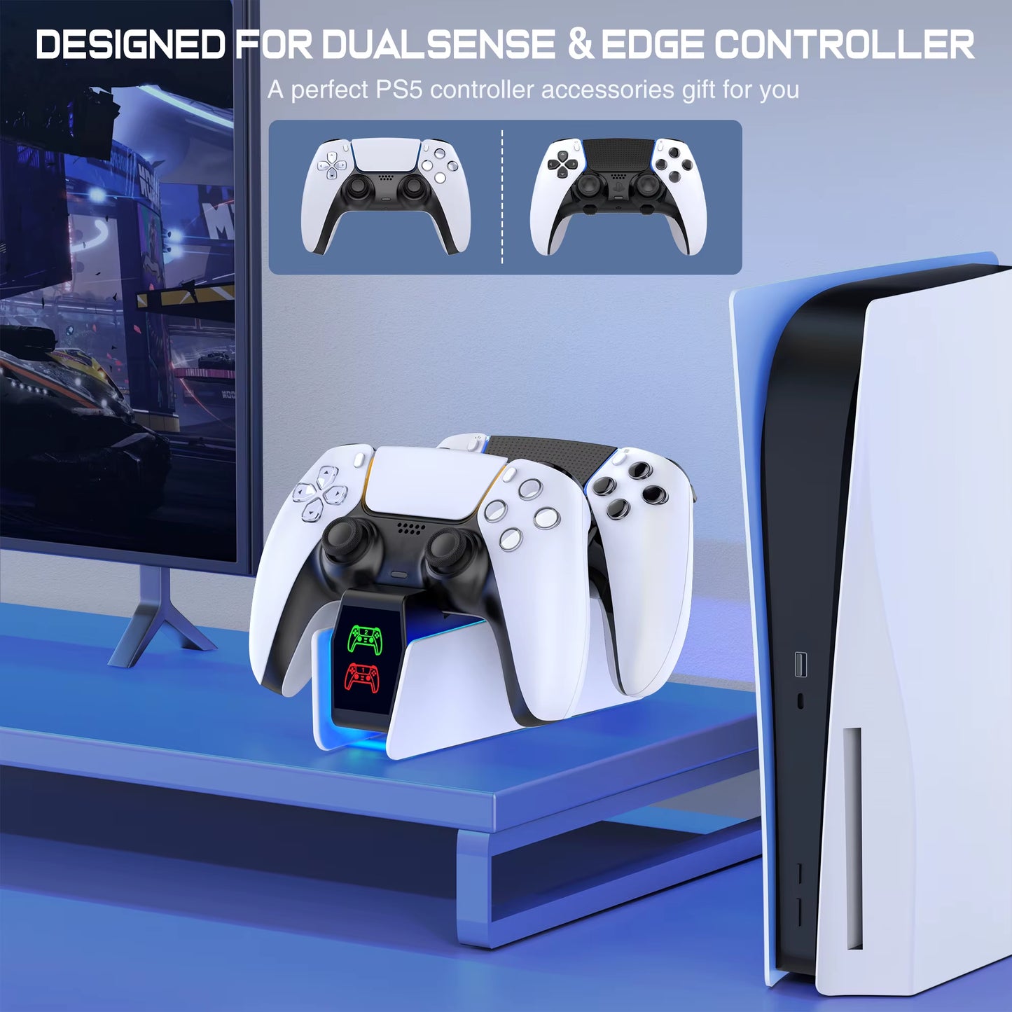 RGB Charging Station for PS5 Dual Controller with Fast Charging and Indicator Docking Stand
