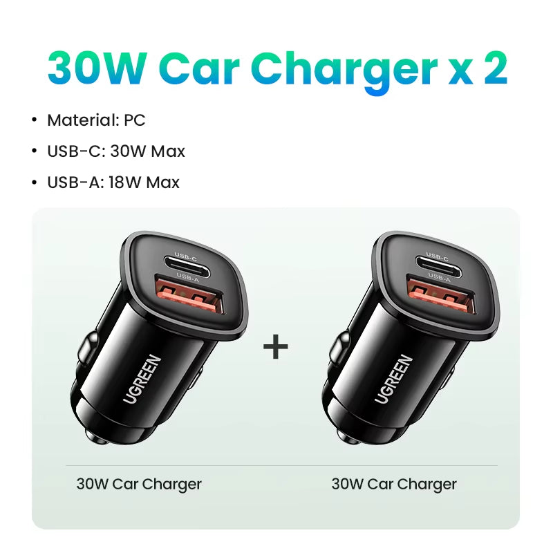 UGREEN 30W USB Car Charger with Quick Charge 4.0 and PD Type C Fast Charging for iPhone 17 and Xiaomi Mobile Phones