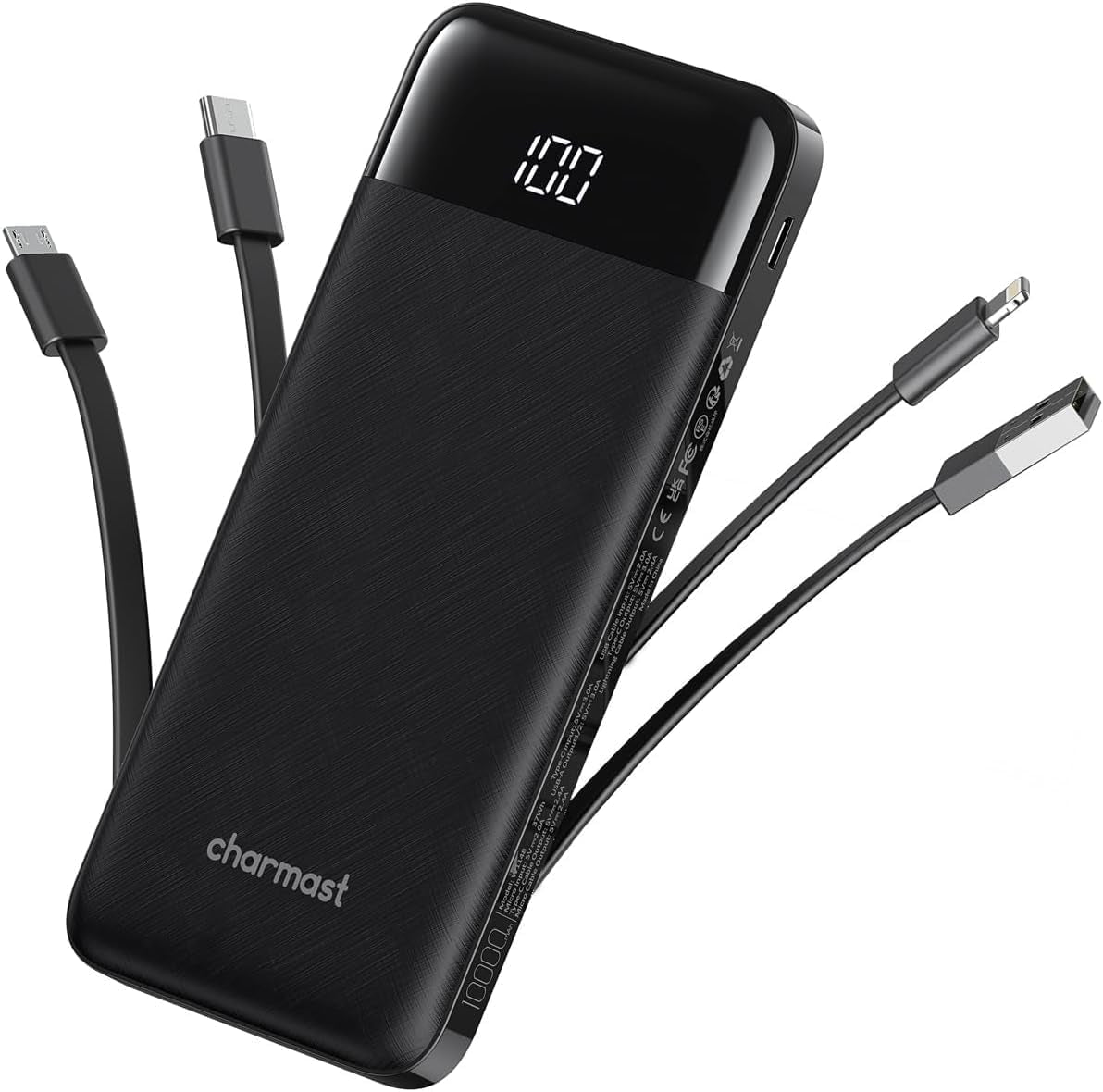10,000mAh Portable Charger with Integrated Cables, Slim Power Bank with 6 Outputs and 3 Inputs, 3A Fast Charging for Samsung, Google Pixel, LG, Moto, iPhone, and iPad