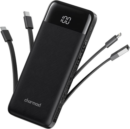 10,000mAh Portable Charger with Integrated Cables, Slim Power Bank with 6 Outputs and 3 Inputs, 3A Fast Charging for Samsung, Google Pixel, LG, Moto, iPhone, and iPad