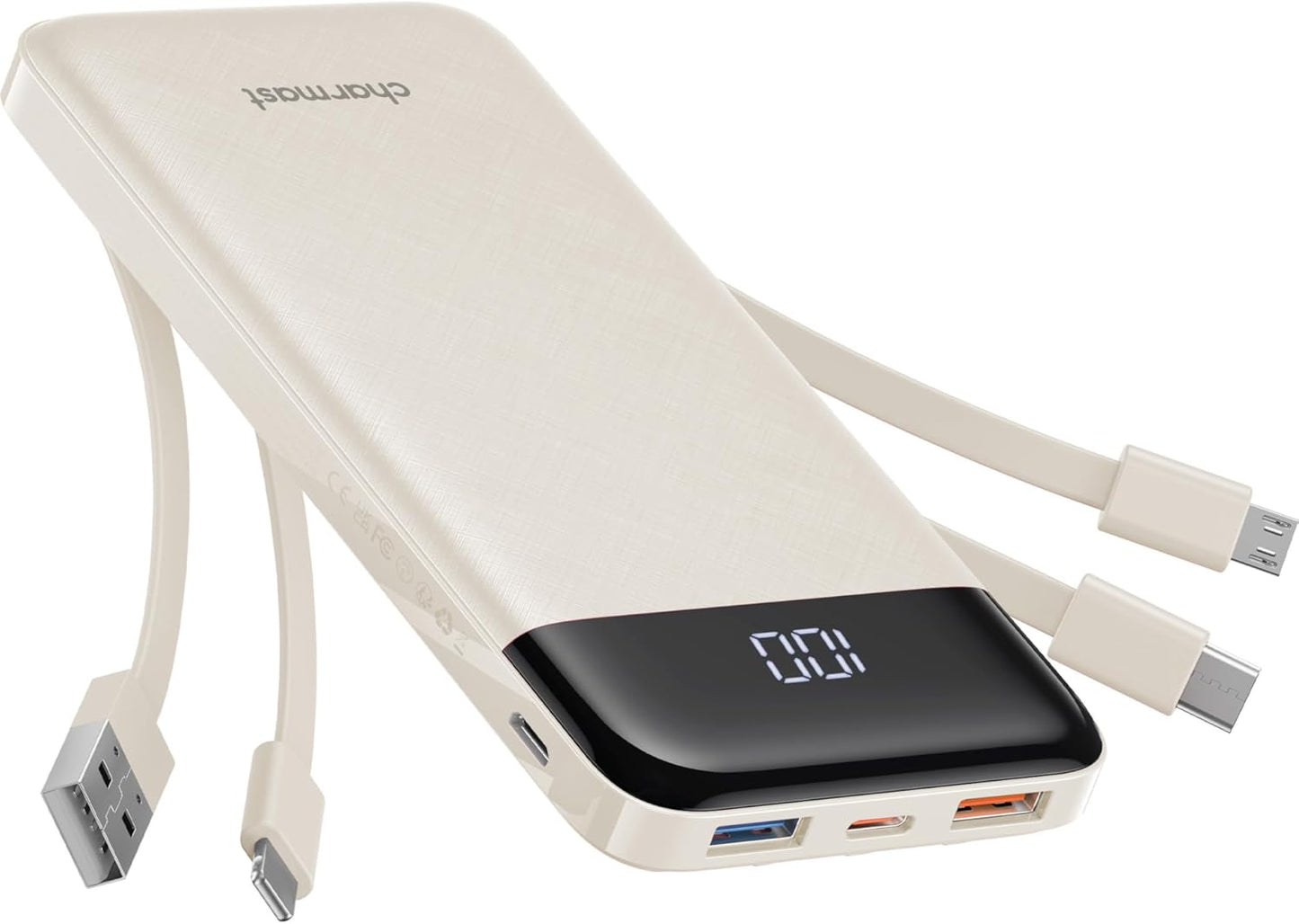 10,000mAh Portable Charger with Integrated Cables, Slim Power Bank with 6 Outputs and 3 Inputs, 3A Fast Charging for Samsung, Google Pixel, LG, Moto, iPhone, and iPad