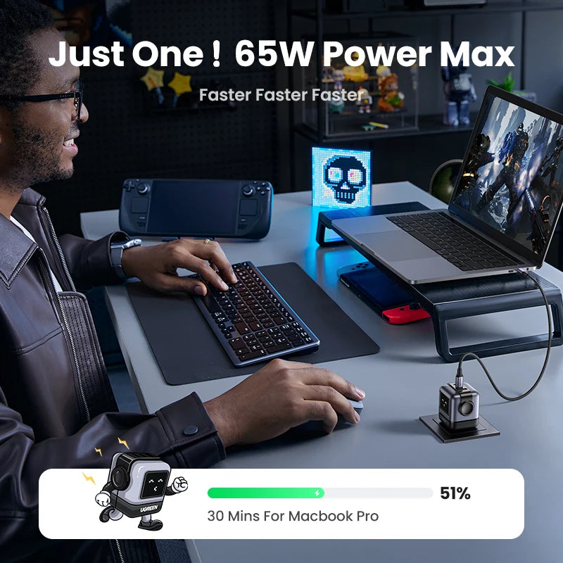 Power Up Your Devices with the 65W 30W GaN Charger - Playful Robot Design, Fast PD3.0 & QC4.0 Charging for iPhone 17/16/15 Pro, MacBook, and More!