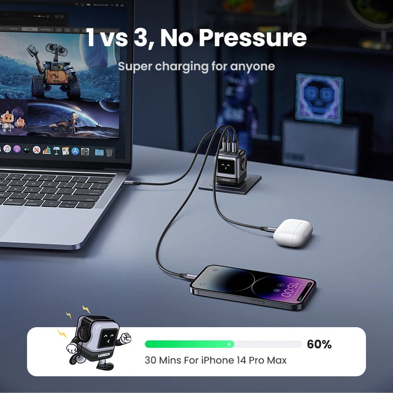 Power Up Your Devices with the 65W 30W GaN Charger - Playful Robot Design, Fast PD3.0 & QC4.0 Charging for iPhone 17/16/15 Pro, MacBook, and More!
