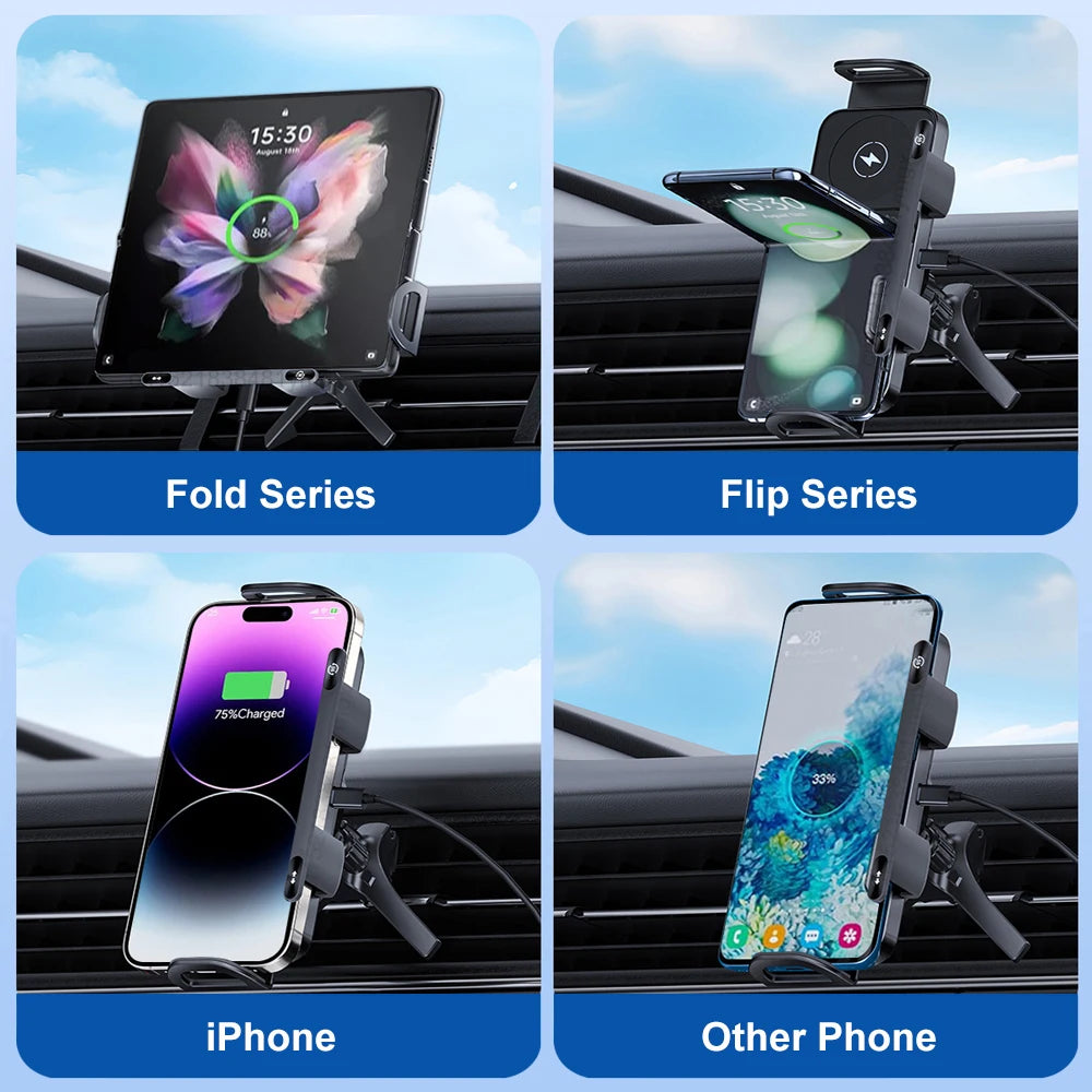 Revolutionary Wireless Car Charger with Dual Coil Technology - Fast Charging for Galaxy Z Fold 5/6 and Flip 3/4 with Auto-Clamping Air Vent Holder