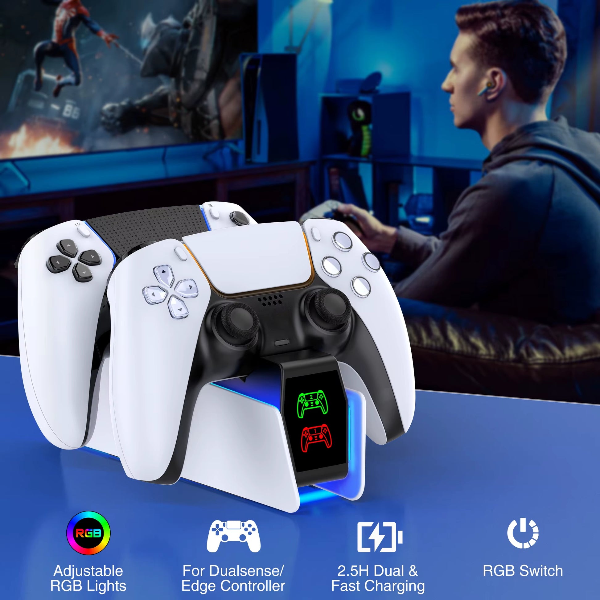 RGB Charging Station for PS5 Dual Controller with Fast Charging and Indicator Docking Stand