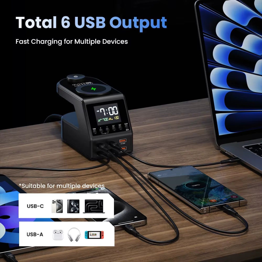 240W GaN Charging Station with 4×140W PD3.1 USB Type-C Wireless Fast Charging for MacBook, iPad, and Samsung Devices with Alarm Clock and Time Display