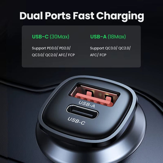 UGREEN 30W USB Car Charger with Quick Charge 4.0 and PD Type C Fast Charging for iPhone 17 and Xiaomi Mobile Phones