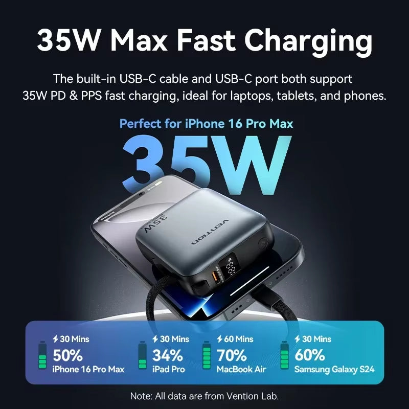 10,000mAh 35W Fast Charge Portable Power Bank - Mini 3C External Battery Charger for iPhone 17 and Xiaomi